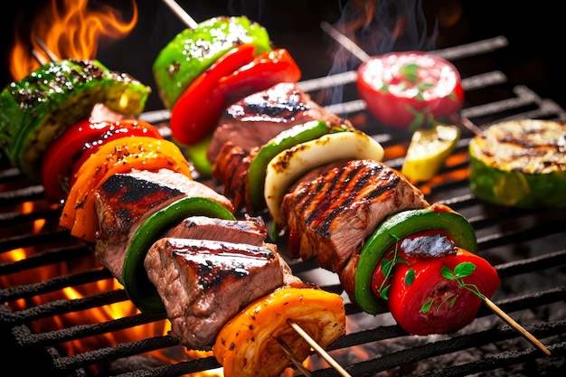 Carne junto con verduras en brochetas a la parrilla