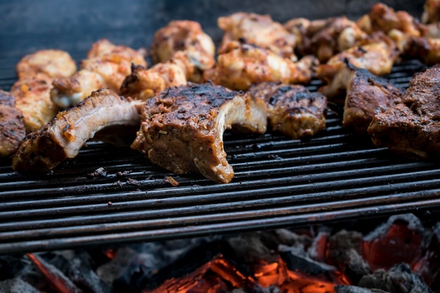 Carne marinada a la barbacoa con pollo al carbón rojo y costillas