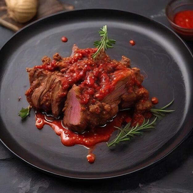 carne de mármol frita con salsa roja vertida en la parte superior en un plato negro AI