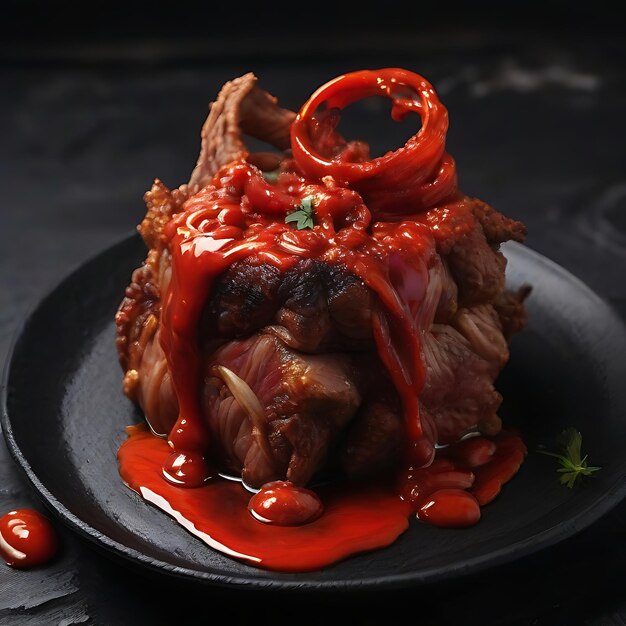 carne de mármol frita con salsa roja vertida en la parte superior en un plato negro AI