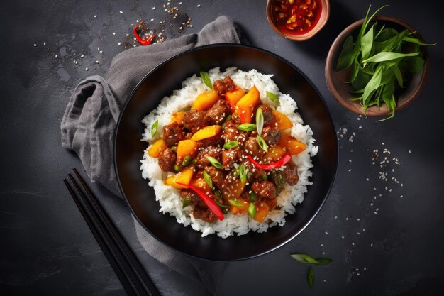 Carne moída crocante, legumes fritos, molho pegajoso de laranja doce com arroz em tigela preta em concreto ta