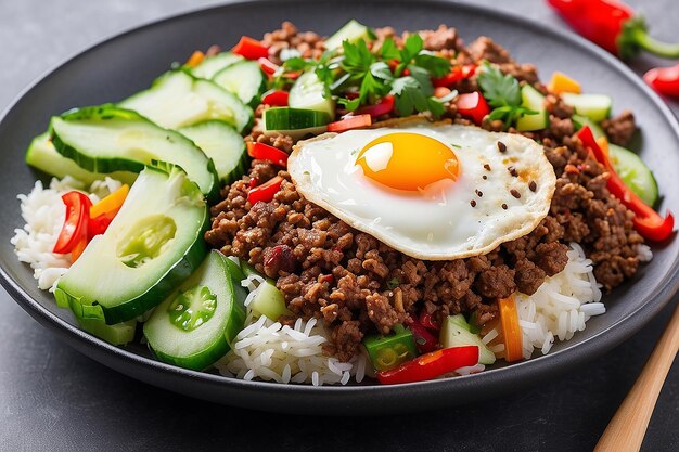 Carne moída picante sobre arroz com pimentão picado fresco e alho, pimentão, folha de manjericão, ovo frito e pepino