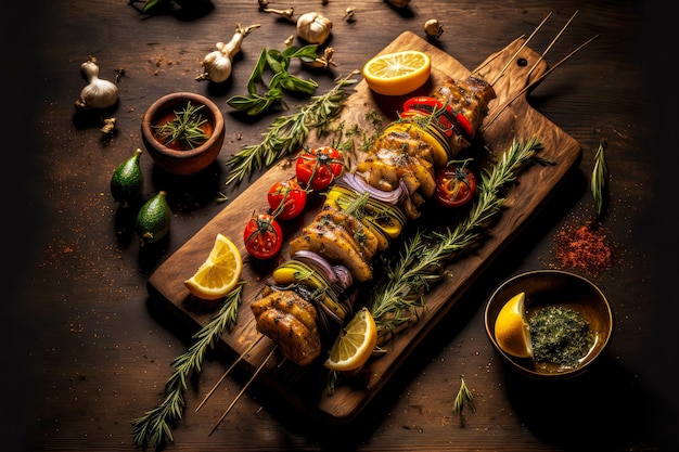 Carne a la parrilla en brochetas con verduras dispuestas en tablero de madera