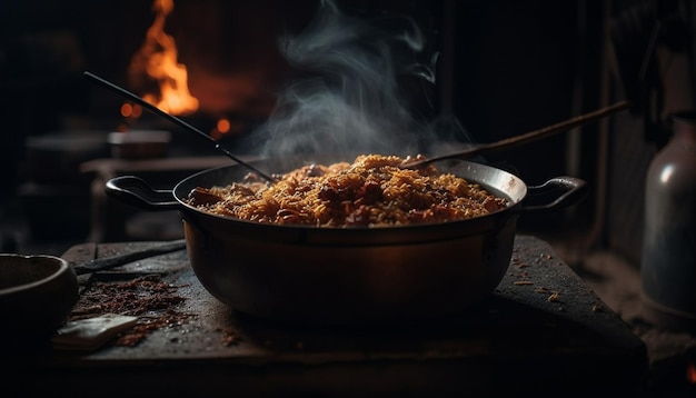 Carne a la parrilla chisporrotea en hierro fundido caliente generado por IA