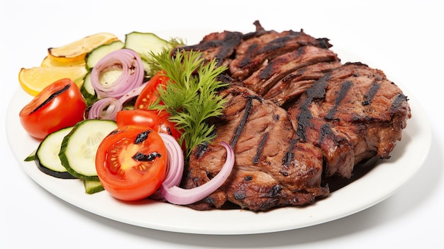 Carne a la parrilla con ensalada de verduras recubierta sobre fondo blanco