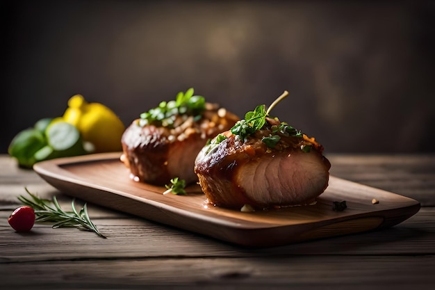 Carne a la parrilla gourmet en un plato que brilla con el calor generado