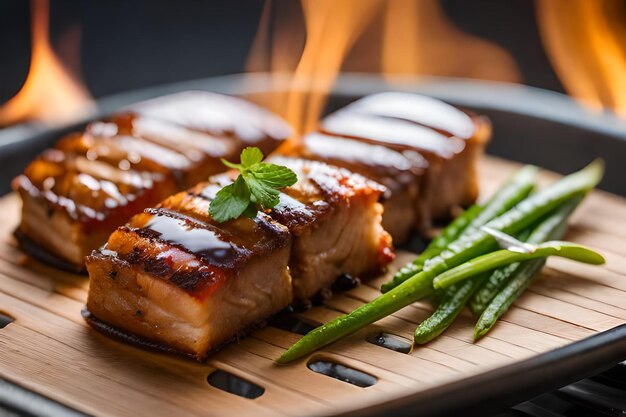 carne a la parrilla con una hoja verde en la parte superior