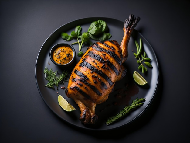 Carne a la parrilla con limón y hierbas en un plato negro