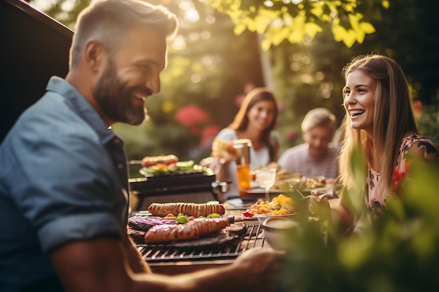 Foto carne a la parrilla en una parrilla de barbacoa con amigos en el fondo al atardecer