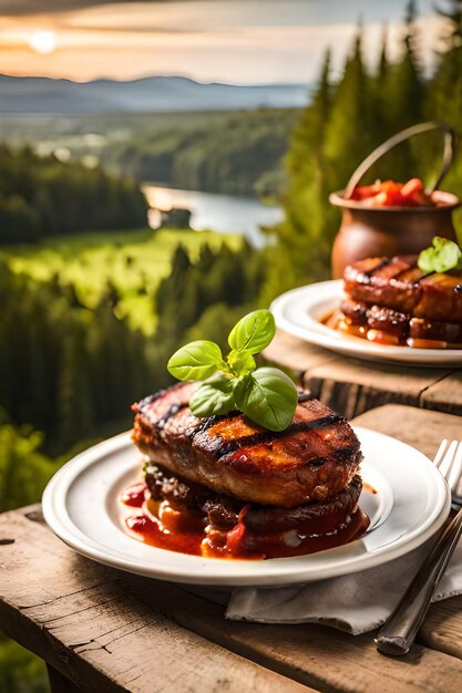 Carne a la parrilla en un plato con vistas a una montaña al fondo