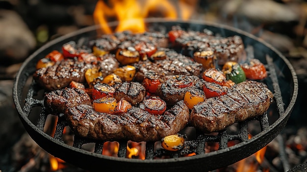 Carne a la parrilla y verduras cocinadas sobre la fogata
