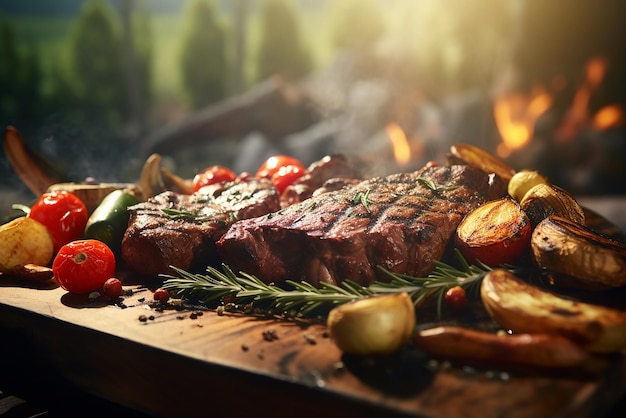 Carne a la parrilla con verduras sobre una mesa