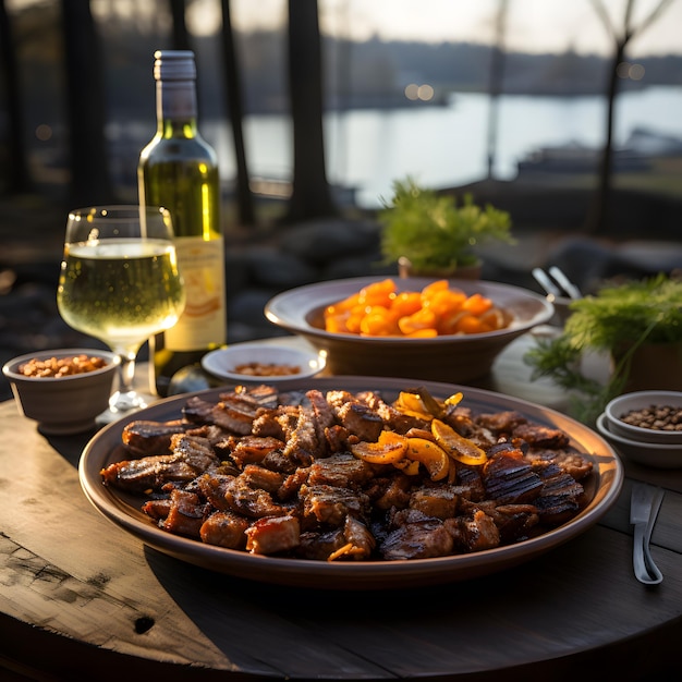 Carne a la parrilla con verduras y vino en el fondo del río Cena de lujo junto al lago