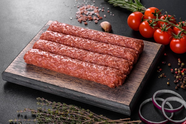 Carne picada fresca cruda para kebab a la parrilla con especias y hierbas sobre una superficie de hormigón oscuro