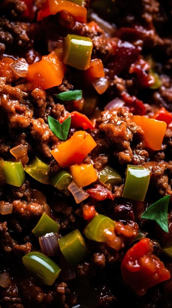 Foto carne picada y verduras en cubitos en salsa bolognese