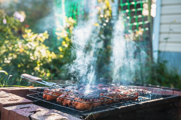 La carne de pollo dorada a la parrilla se cocina a la parrilla al aire libre