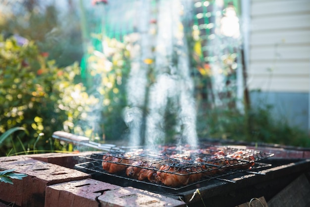 La carne de pollo dorada a la parrilla se cocina a la parrilla al aire libre