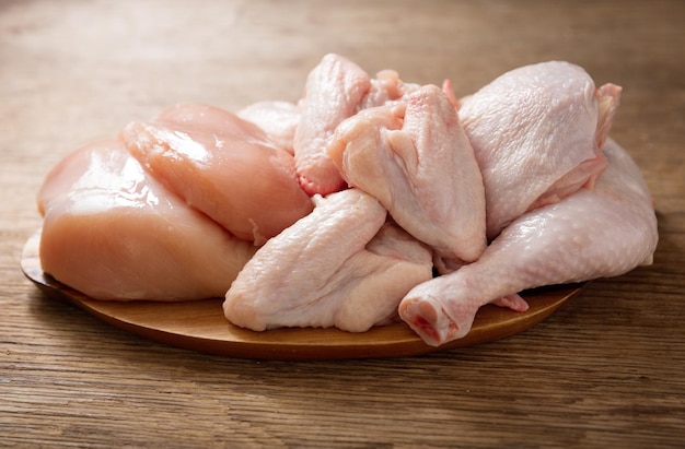 Carne de pollo fresca en una tabla de madera