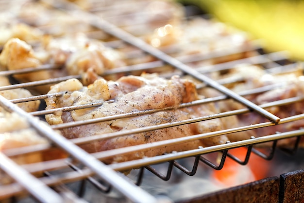 Carne de pollo frita en una parrilla de barbacoa.