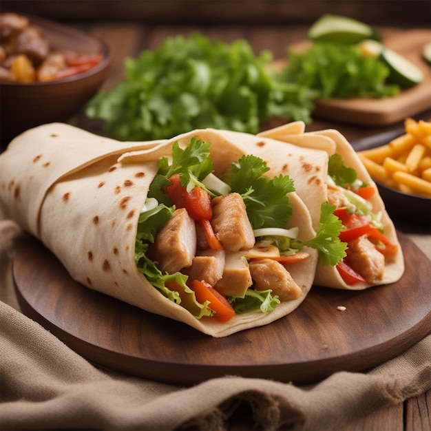 Carne de pollo hoto, papas fritas, verduras y ensalada envueltas en pan de pita sobre un papel tapiz marrón