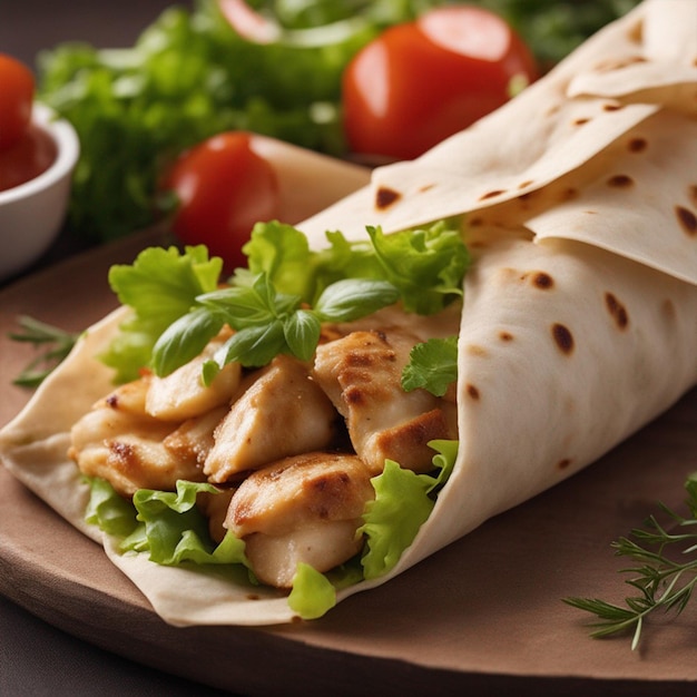 Carne de pollo hoto, papas fritas, verduras y ensalada envueltas en pan de pita sobre un papel tapiz marrón