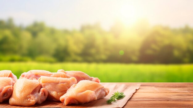 Carne de pollo en la mesa contra el fondo de un campo enfoque selectivo