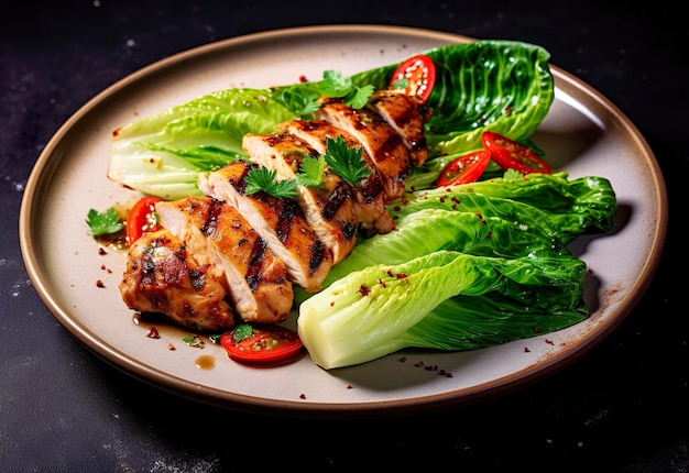 Carne de pollo a la parrilla servida con verduras pak choi en un plato IA generativa