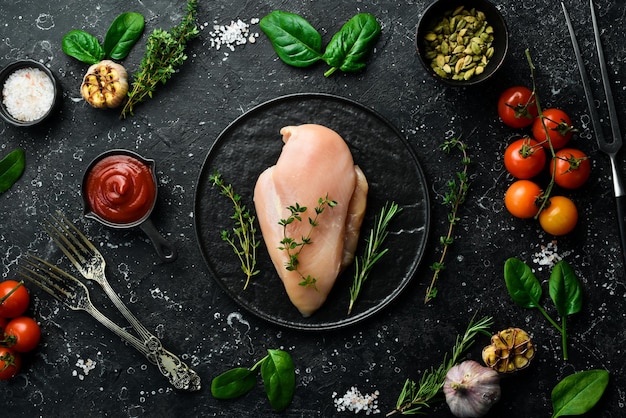 Carne de pollo Pechuga de pollo fresca cruda en un plato Vista superior Sobre un fondo de piedra negra