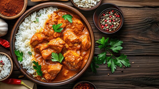 Carne de pollo con salsa de tikka masala comida picante de curry en un cuenco con arroz y condimentos vista de arriba