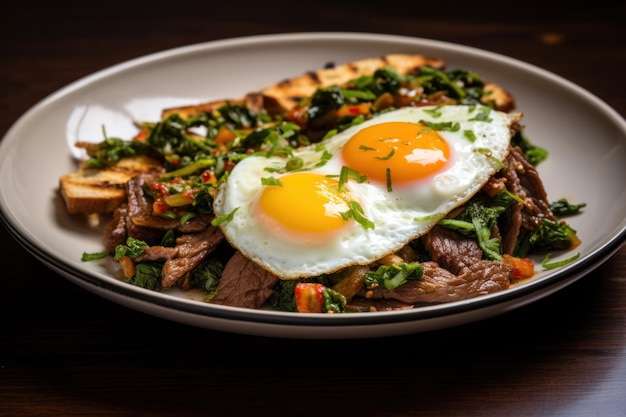 Carne de res y albahaca con huevo frito comida tailandesa