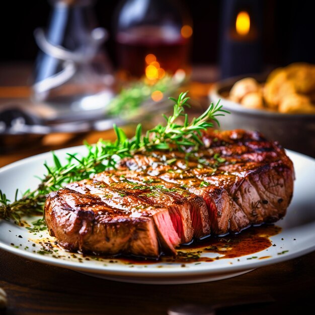 Carne de res asada en un plato colocado en una mesa en un restaurante