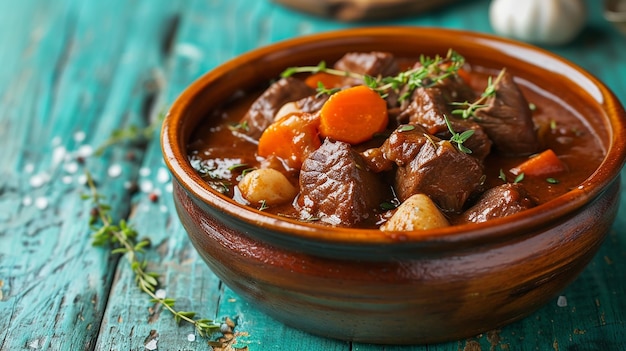 Carne de res Bourguignon en un cuenco rústico en una mesa de madera turquesa