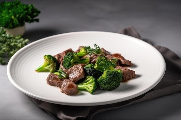 Carne De Res Con Brócoli En Plato Blanco Vista Superior IA Generativa