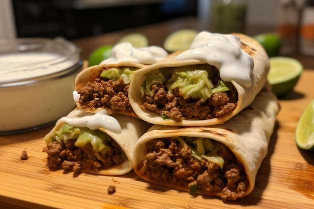 Carne de res Chimichangas con crema agria y guacamole