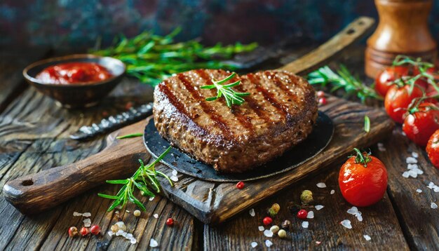 Carne de res en forma de corazón en la espátula a la parrilla Steak caliente Foco del día