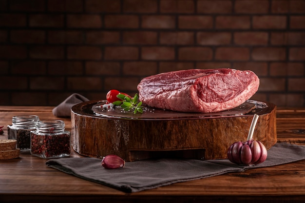 Carne de res de grupa de tapa cruda (picanha brasileña) sobre una tabla de cortar de madera resinada con especias. Mesa de madera con fondo de pared de ladrillos.