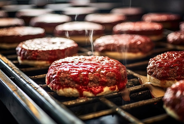 Foto carne de res y hamburguesas en un estante de horneado en el estilo de la fotografía callejera
