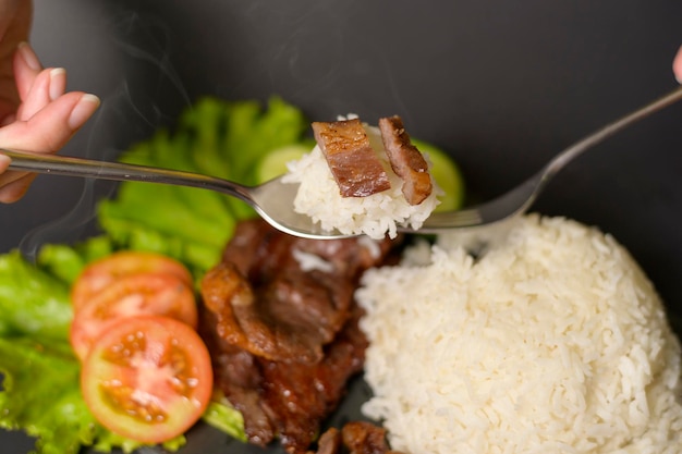 Carne de res a la parrilla con arroz en un plato sobre un estudio de fondo negro