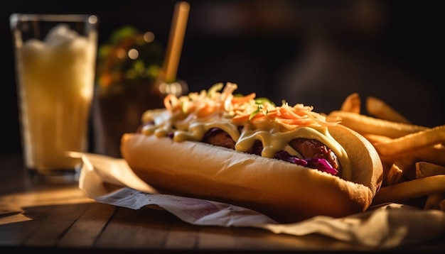 Carne de res a la parrilla y cerdo con papas fritas hot dog y refrescos generados por inteligencia artificial