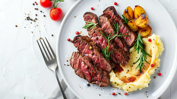 Carne de res a la parrilla y en rodajas, patatas asadas y en puré