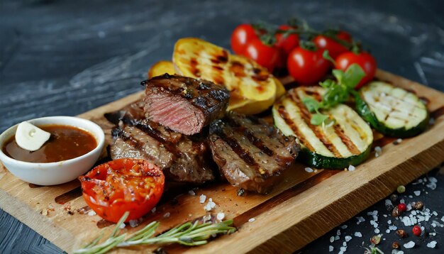 Carne de res a la parrilla y verduras tabla de madera cena deliciosa en el restaurante en la mesa comida deliciosa