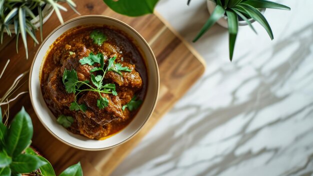 carne de res Rendang contra un mostrador de cocina moderno