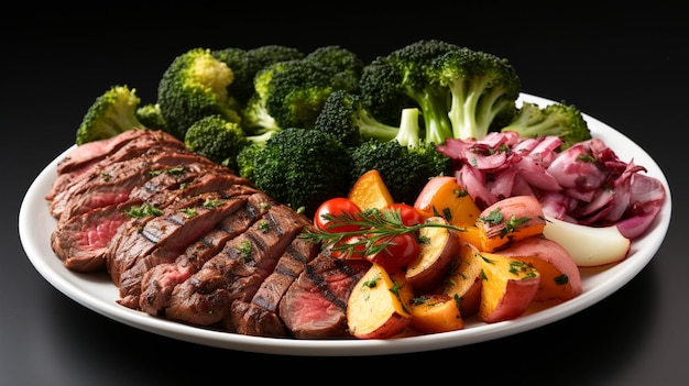 Carne de res y verduras frescas saludables en un plato sobre fondo blanco