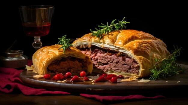 Foto carne de res wellington con pasteles en escamas y carne de res suculenta