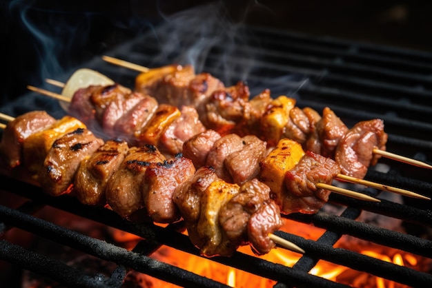 La carne en rodajas en pinzas se cocina en un abierto