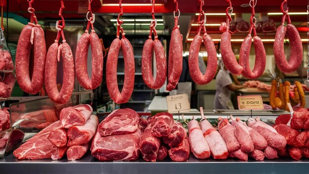 Carne y salchichas en el mercado