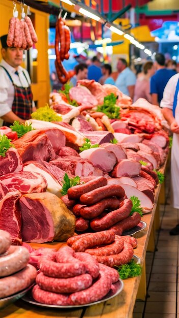 Carne y salchichas en el mercado