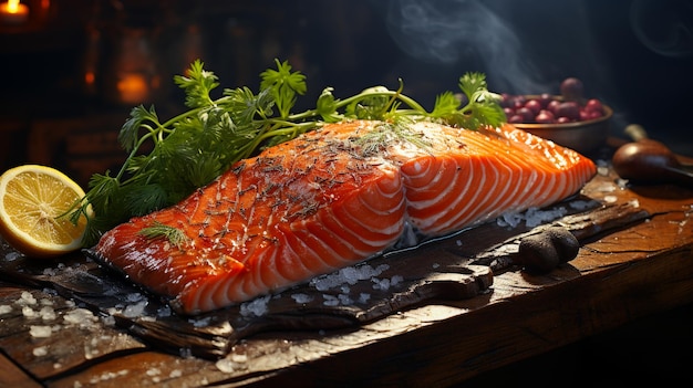 Carne de salmón crudo salmón cocinado en una losa de madera vieja Generativo ai