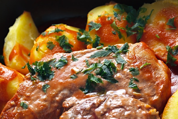 Carne con salsa de tomate al horno con patatas