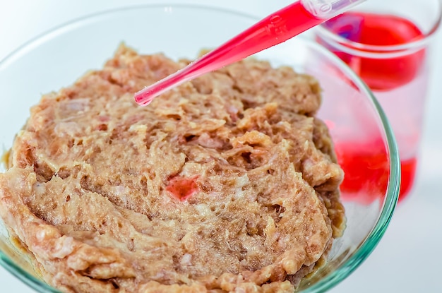 Carne sobre un fondo blanco. experimentos, química, producción artificial